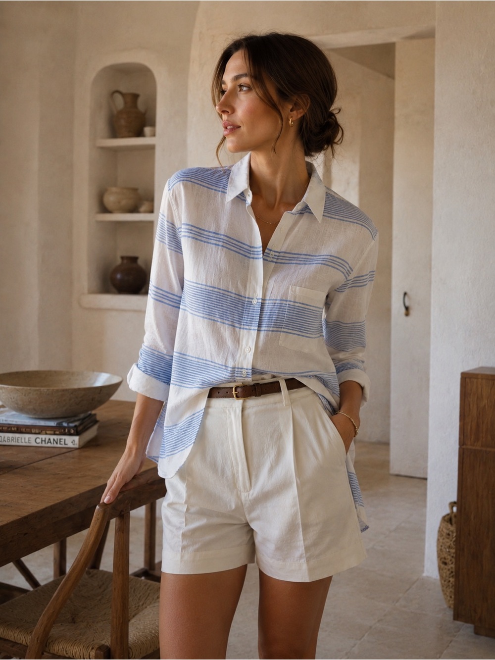 Sonoma Linen White Shirt with Light Blue Stripes